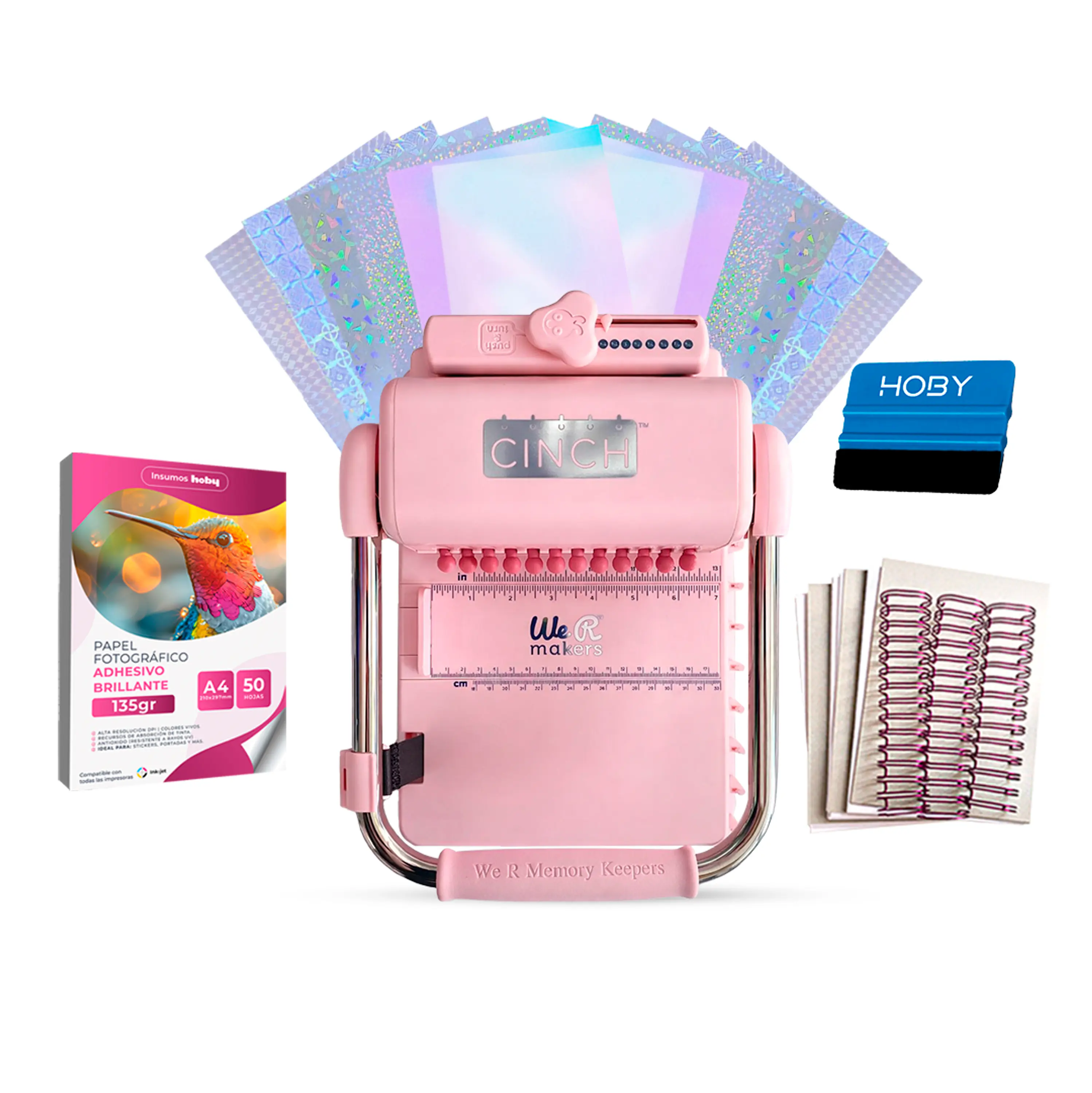 Kit De Encuadernadora Cinch Pink Rosa + Laminado en frio holográfico + Regalos Cp21 1