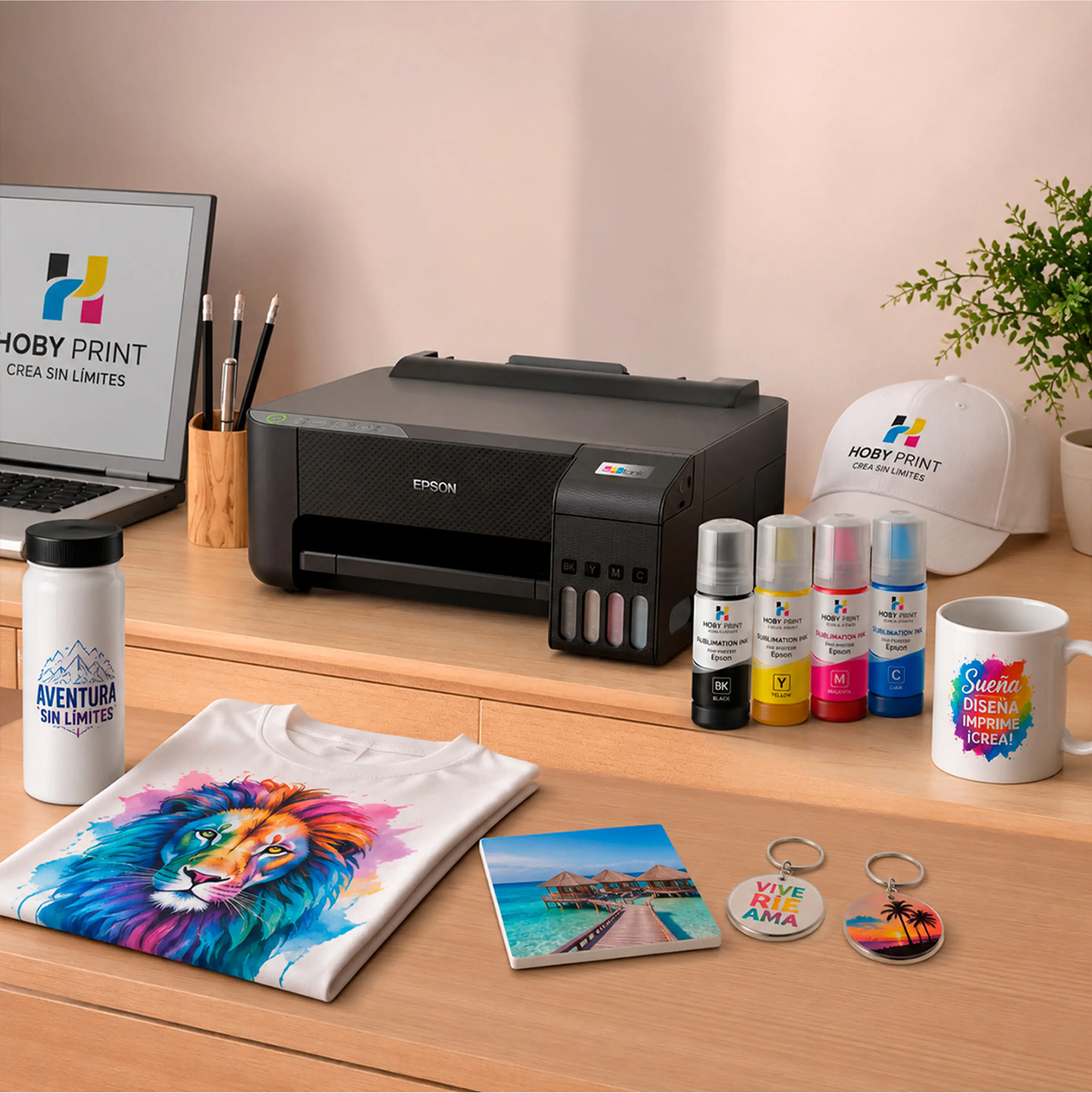 Impresora Epson E/tank L1250 + Tintas Sublimación Hoby Print + Mini Estampadora Sublipress 4