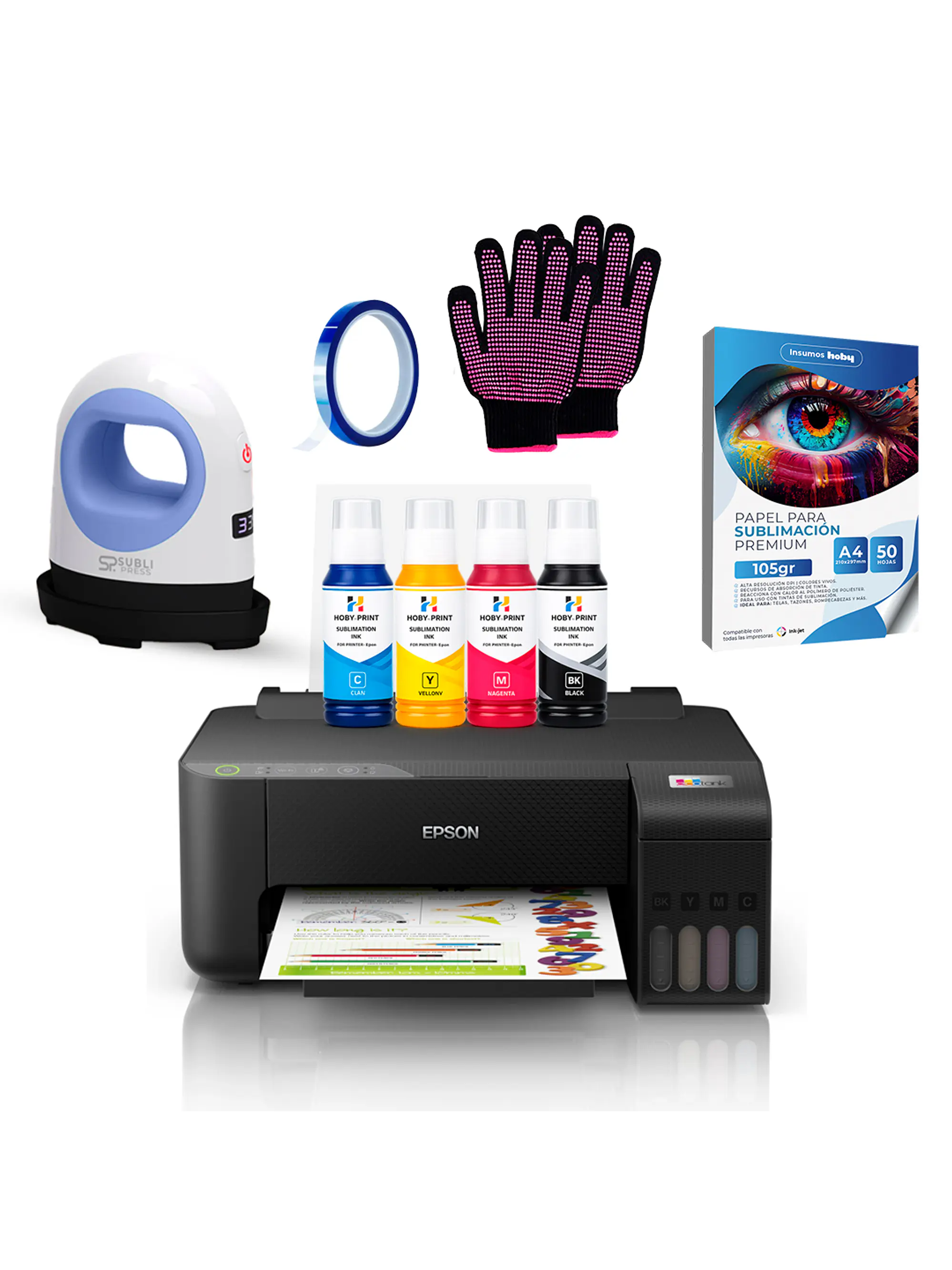 Impresora Epson E/tank L1250 + Tintas Sublimación Hoby Print + Mini Estampadora Sublipress 1