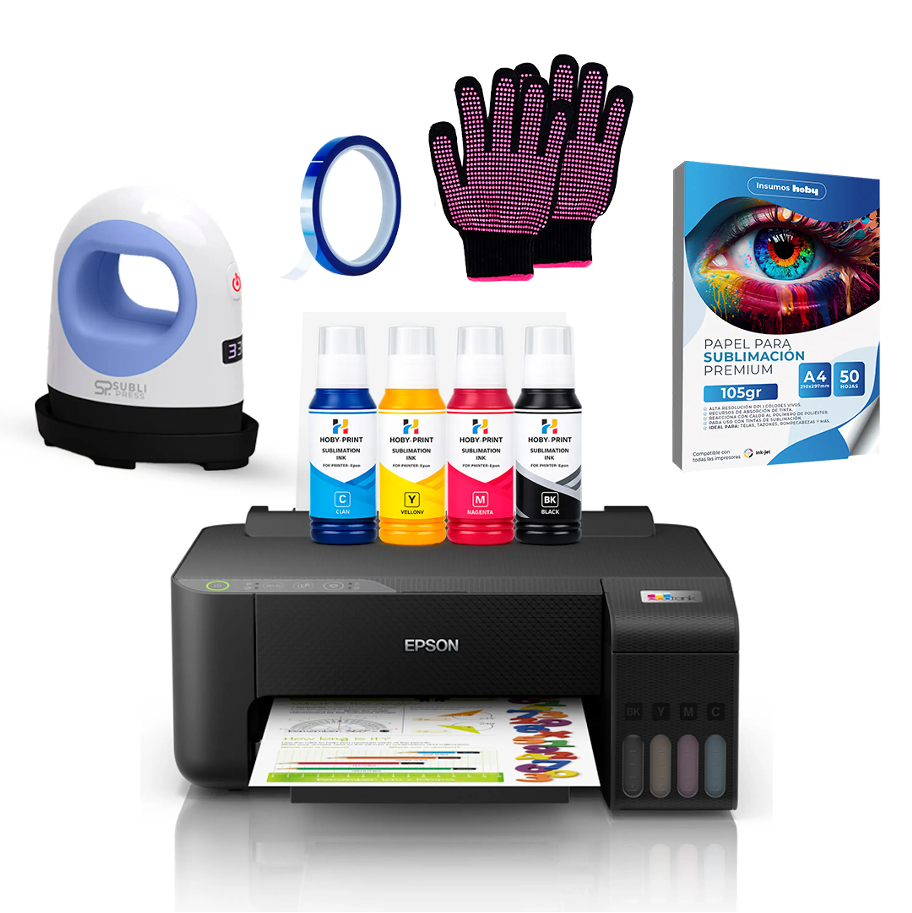 Impresora Epson E/tank L1250 + Tintas Sublimación Hoby Print + Mini Estampadora Sublipress 1