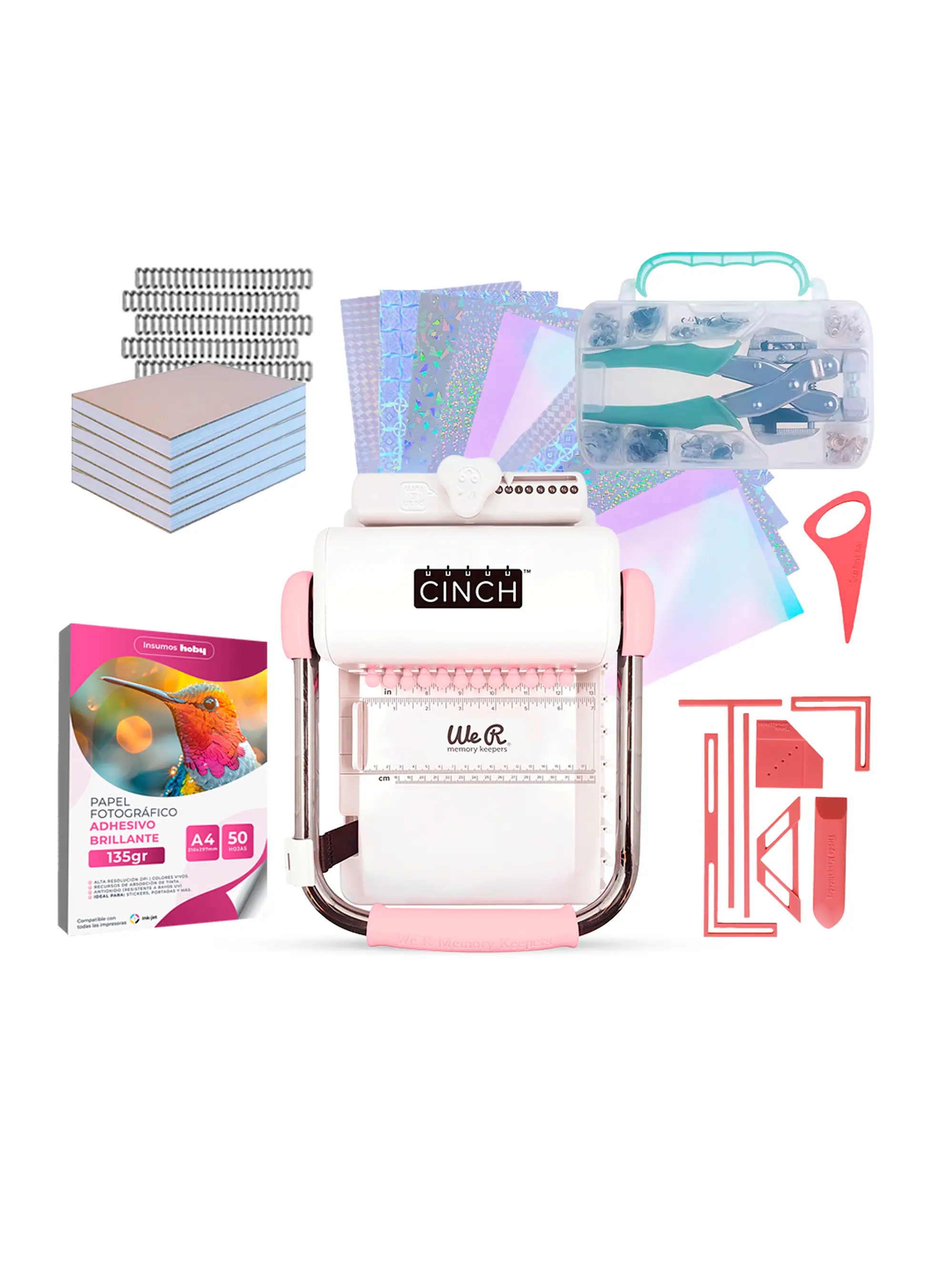 Kit Encuadernadora Cinch rosa + Ojetilladora y perforadora  - Perforación cuadrada 1