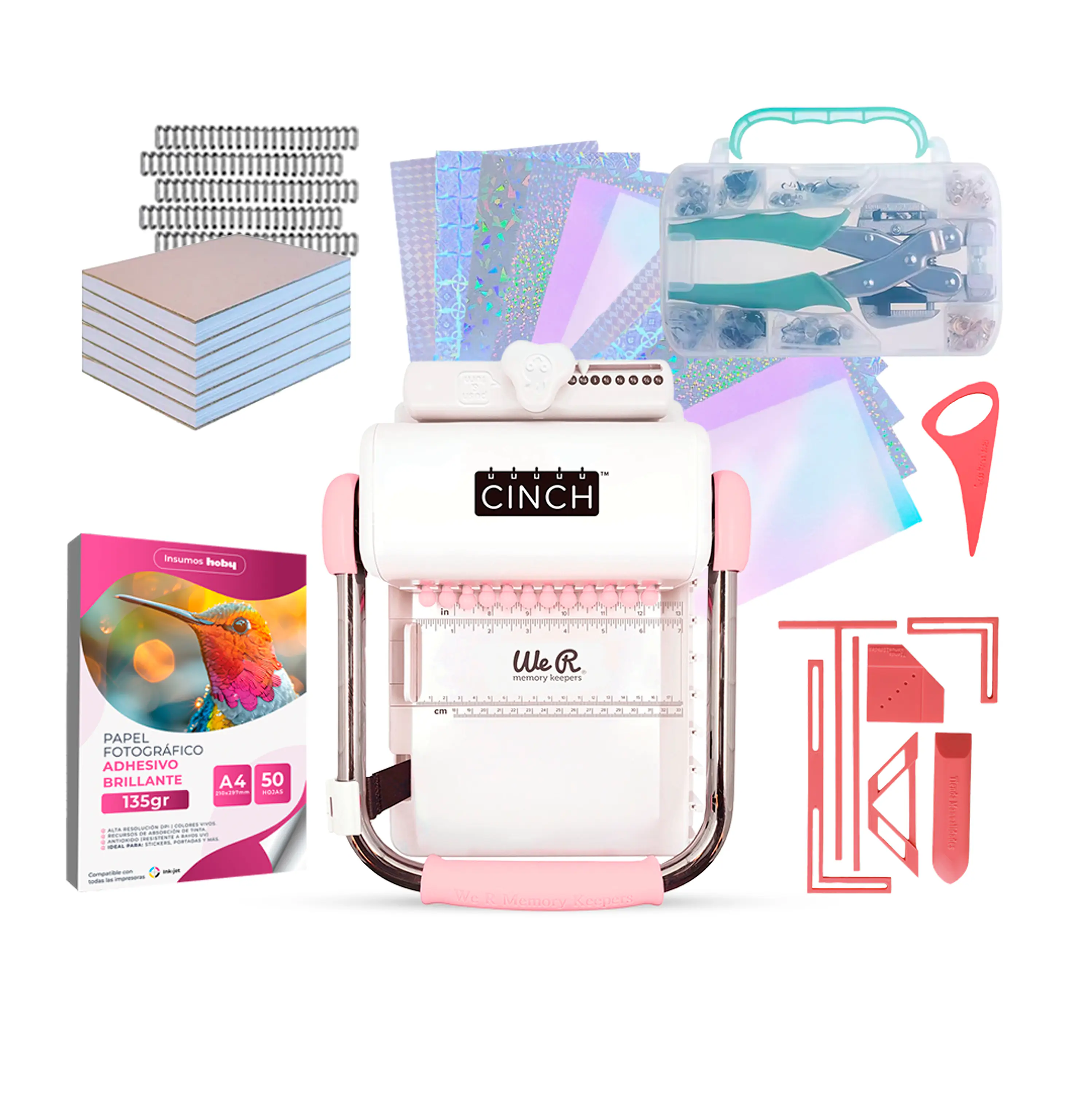 Kit Encuadernadora Cinch rosa + Ojetilladora y perforadora  - Perforación cuadrada 1