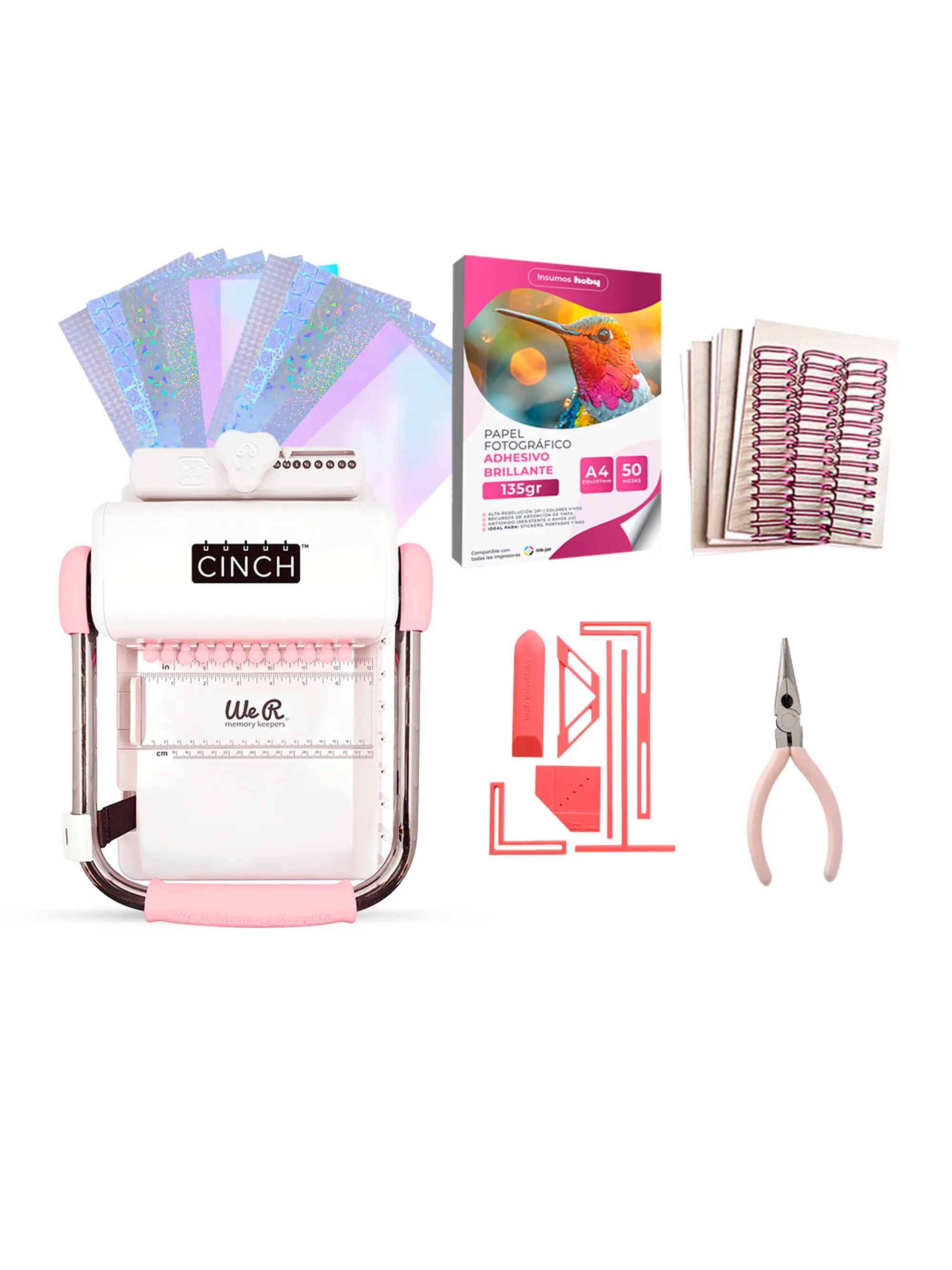 Kit de Encuadernadora Cinch Rosa + Reglas de encuadernación - Perforación cuadrada 1