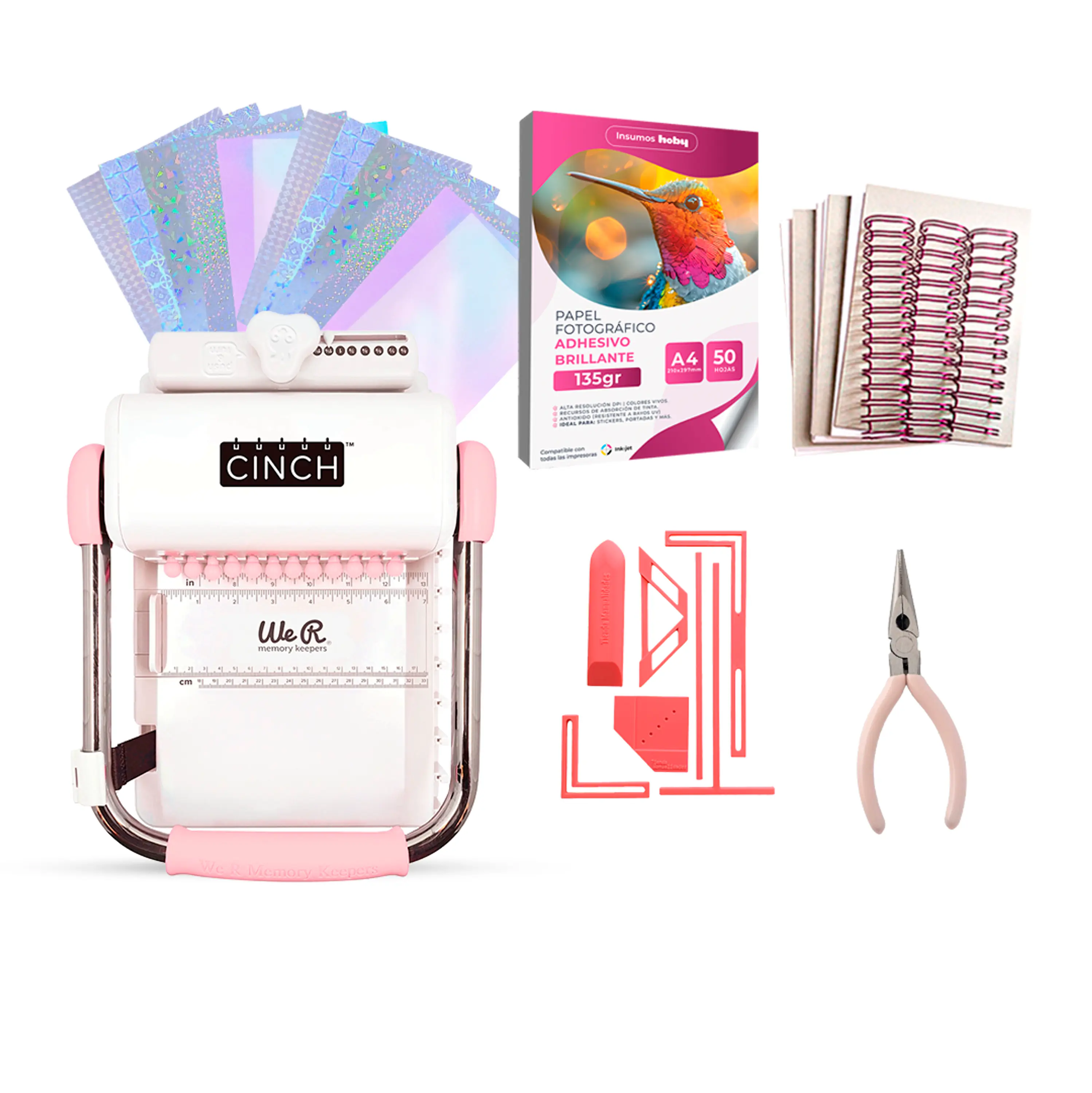 Kit de Encuadernadora Cinch Rosa + Reglas de encuadernación - Perforación cuadrada 1
