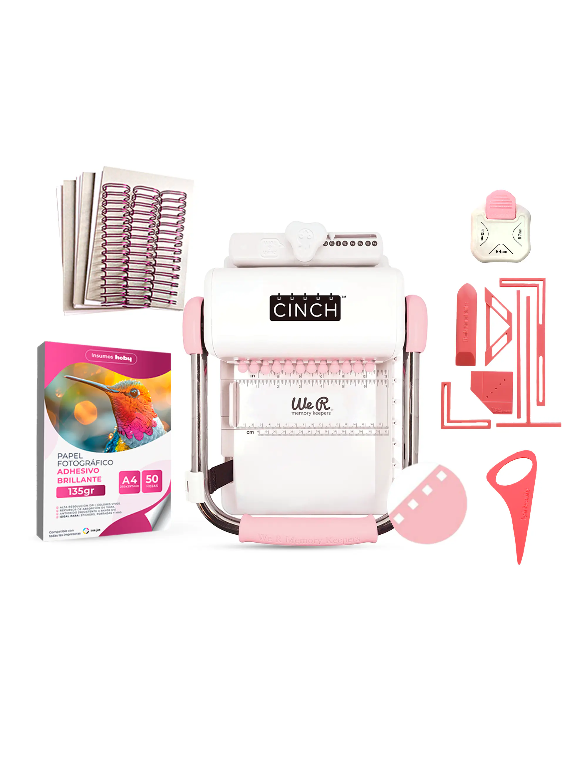 Kit de Encuadernadora Cinch Rosa + Reglas de encuadernación - Perforación cuadrada 1