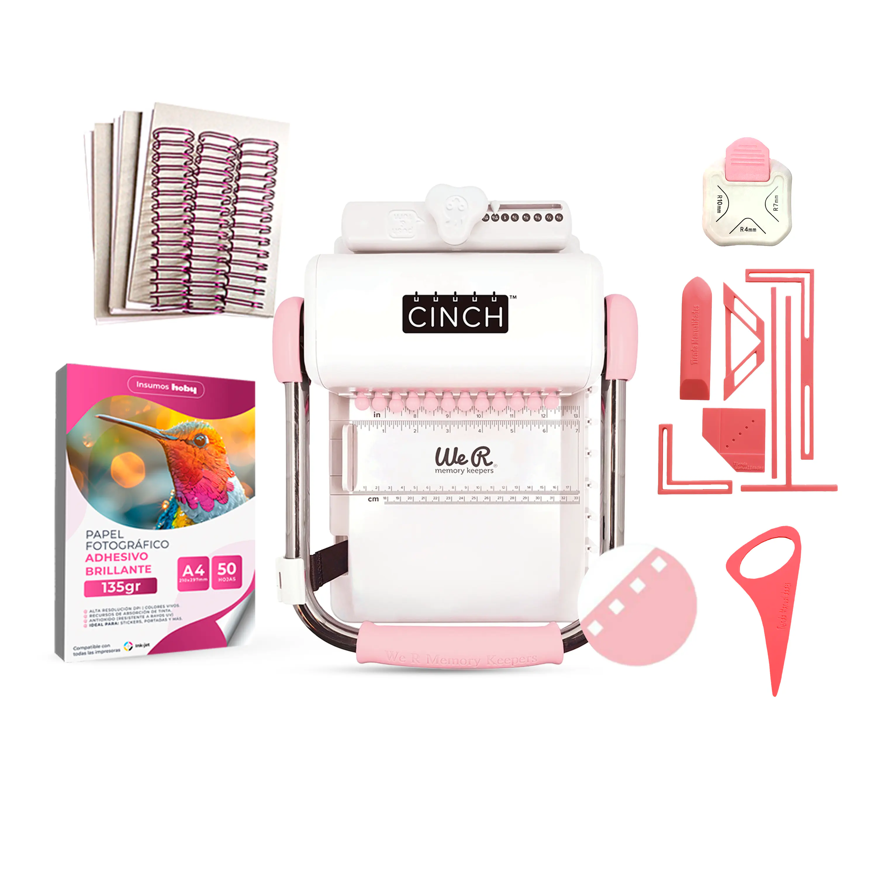 Kit de Encuadernadora Cinch Rosa + Reglas de encuadernación - Perforación cuadrada 1