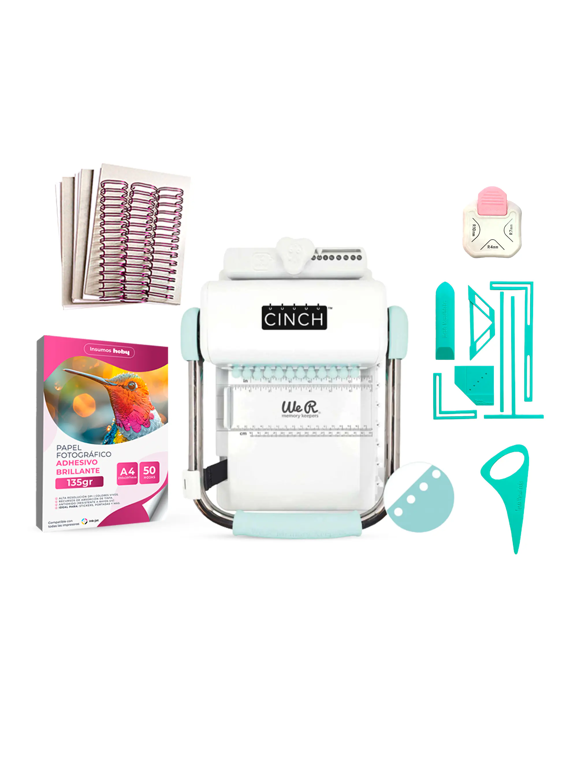 Kit de Encuadernadora Cinch Turquesa + Reglas de encuadernación - Perforación Redonda 1