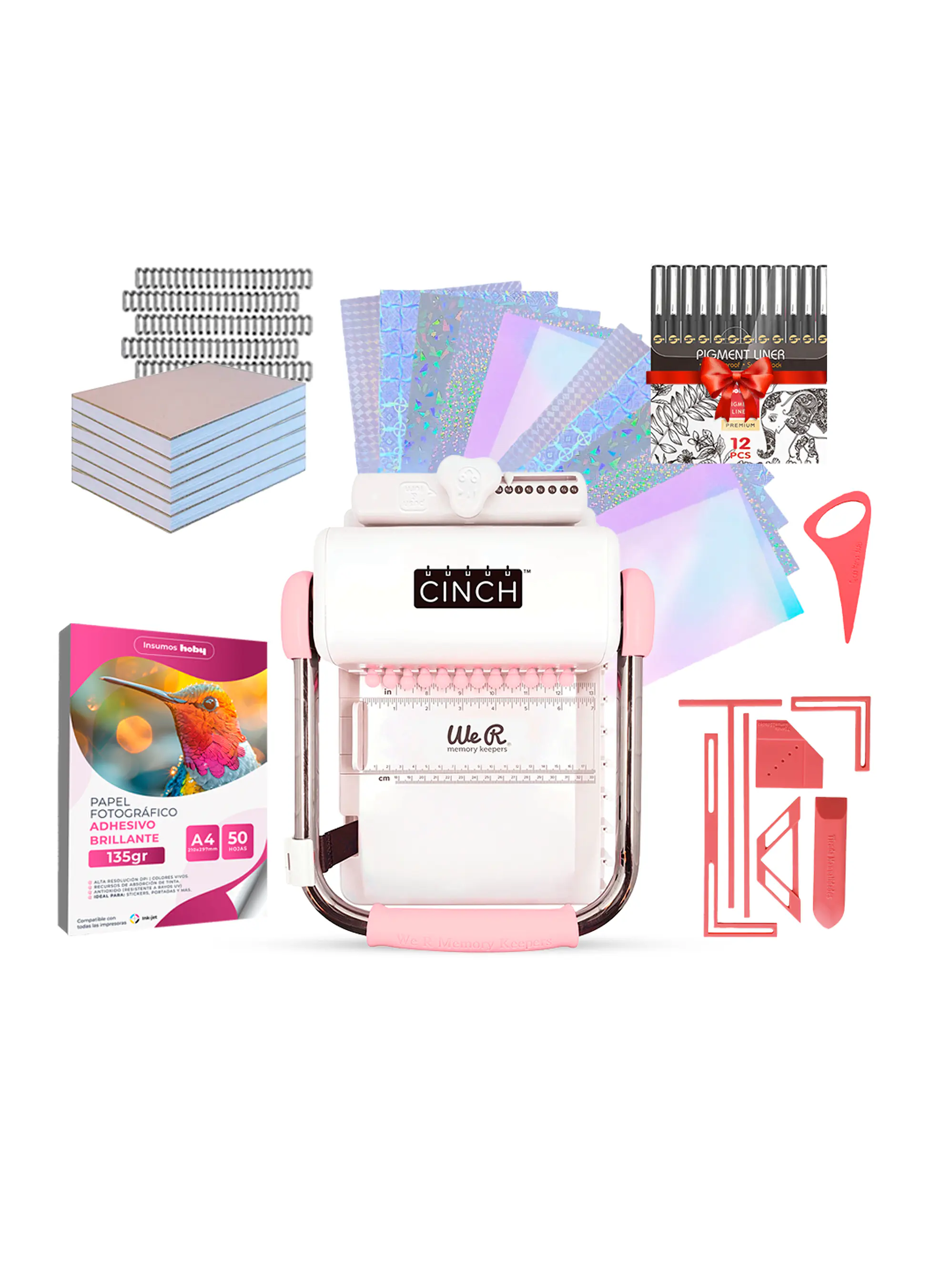 Kit de Encuadernadora Cinch Rosa + Reglas de encuadernación - Perforación cuadrada 1