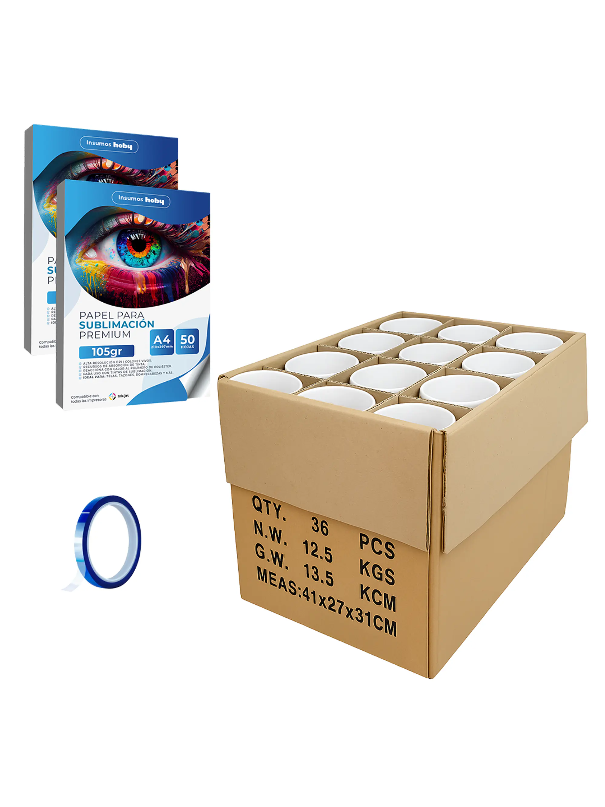 Caja de 36 Tazas tazones 11oz para sublimar + Papel de sublimación 1