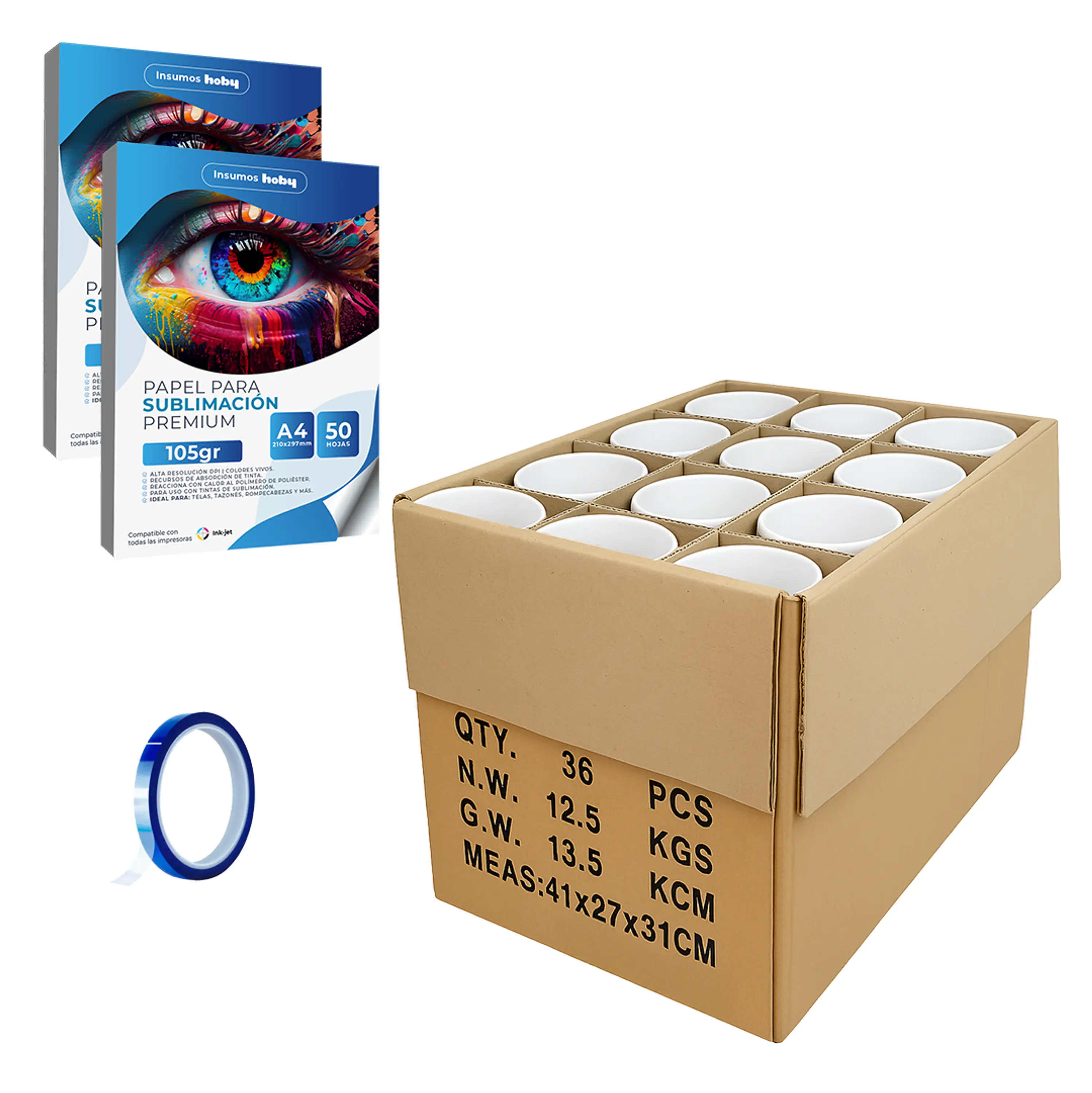 Caja de 36 Tazas tazones 11oz para sublimar + Papel de sublimación 1