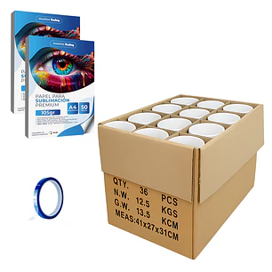 Caja de 36 Tazas tazones 11oz para sublimar + Papel de sublimación