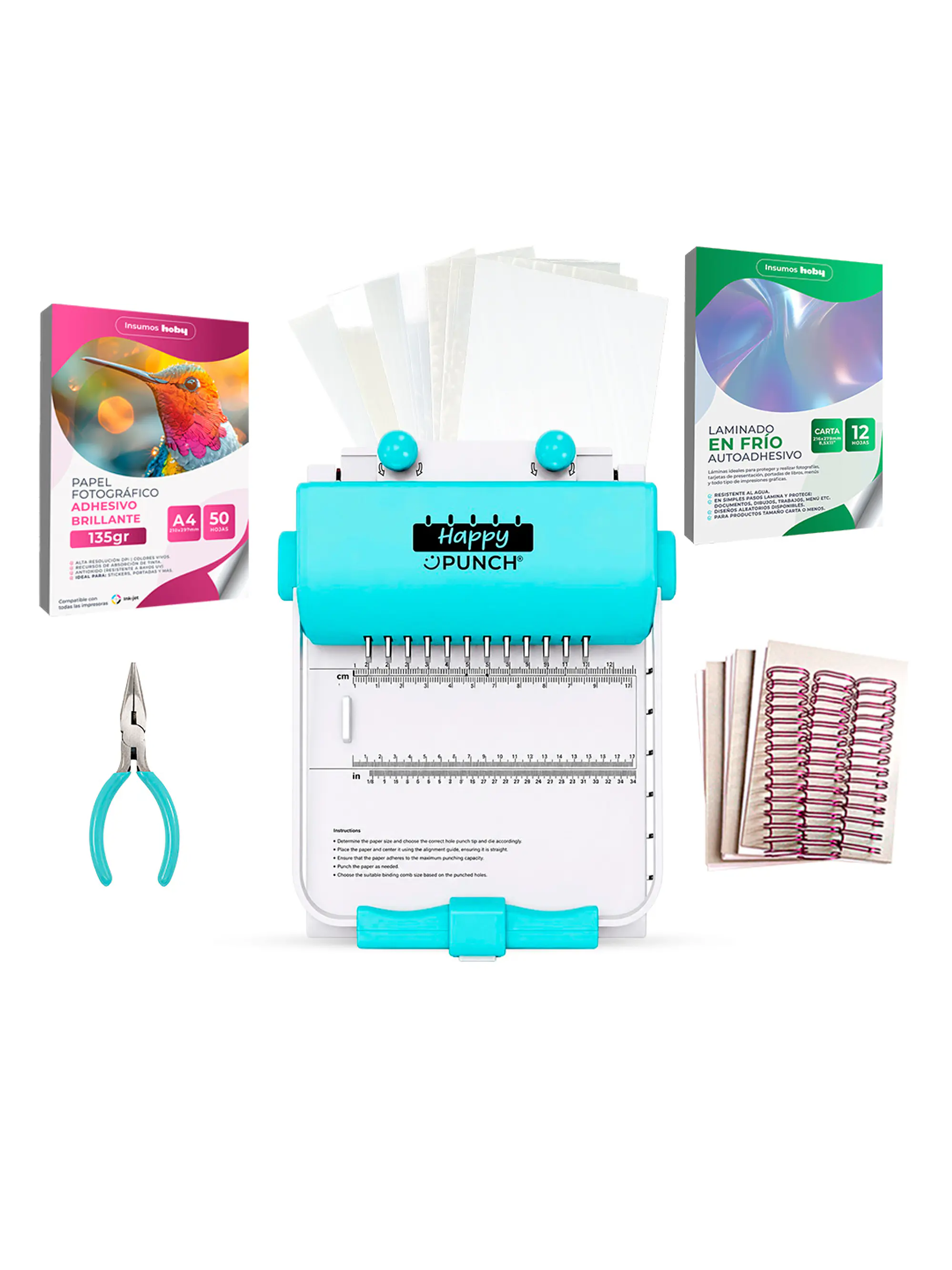 PREVENTA Kit Encuadernadora Happy Punch Cinch Redonda C/ Insumos Ha04 Turquesa Envío desde el 15 de agosto 1