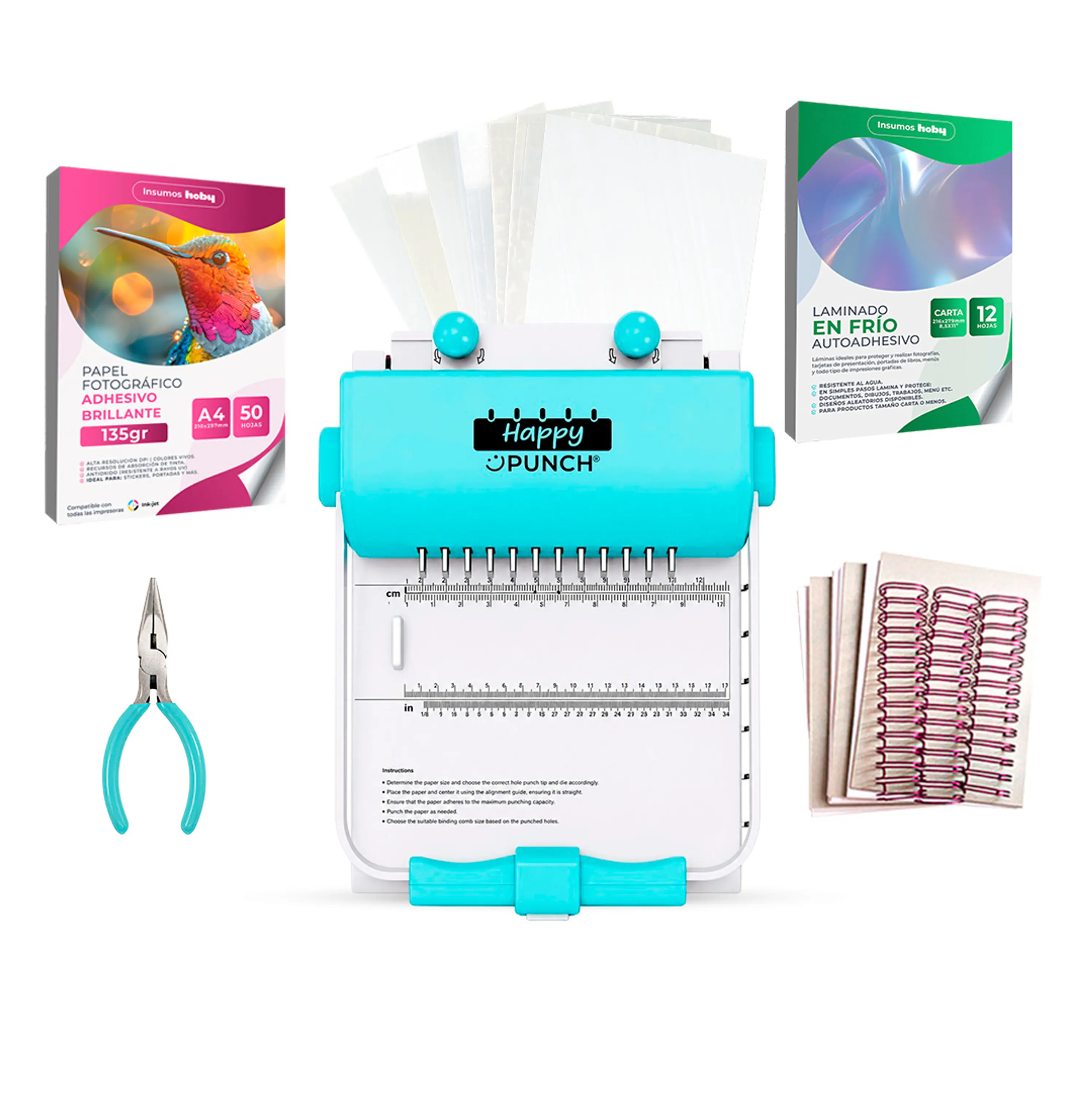 PREVENTA Kit Encuadernadora Happy Punch Cinch Redonda C/ Insumos Ha04 Turquesa Envío desde el 15 de agosto 1