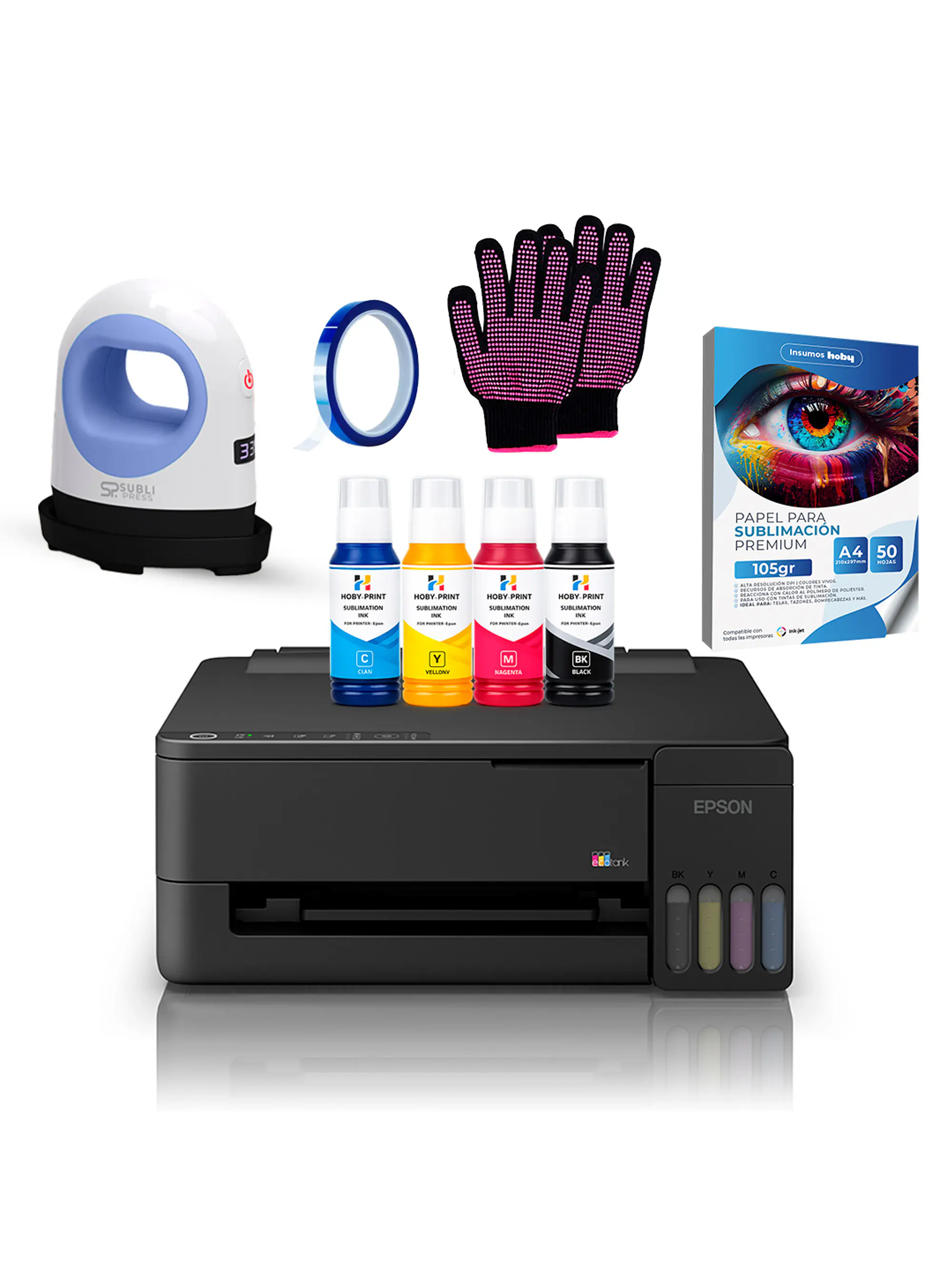 Impresora Epson E/tank L1350 + Tintas Sublimación Hoby Print + Mini Estampadora Sublipress 1