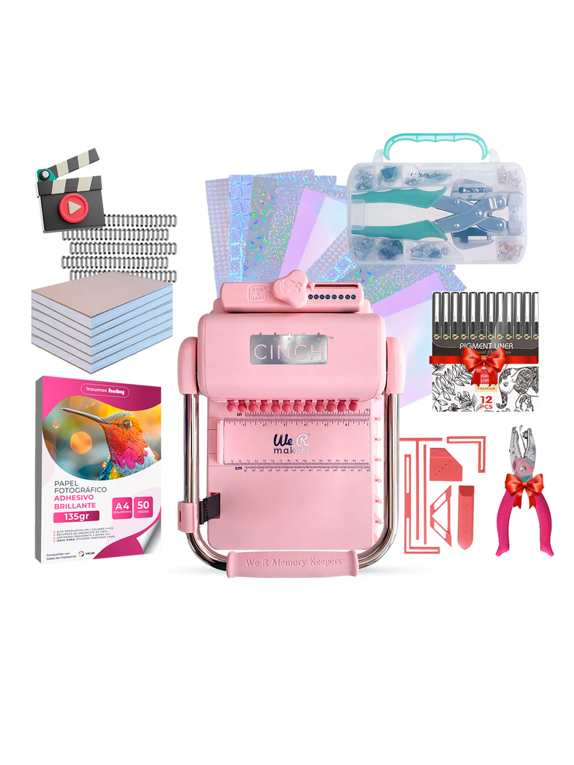 Kit Encuadernadora Cinch Rosa + Ojetilladora E Insumos Cp44 1