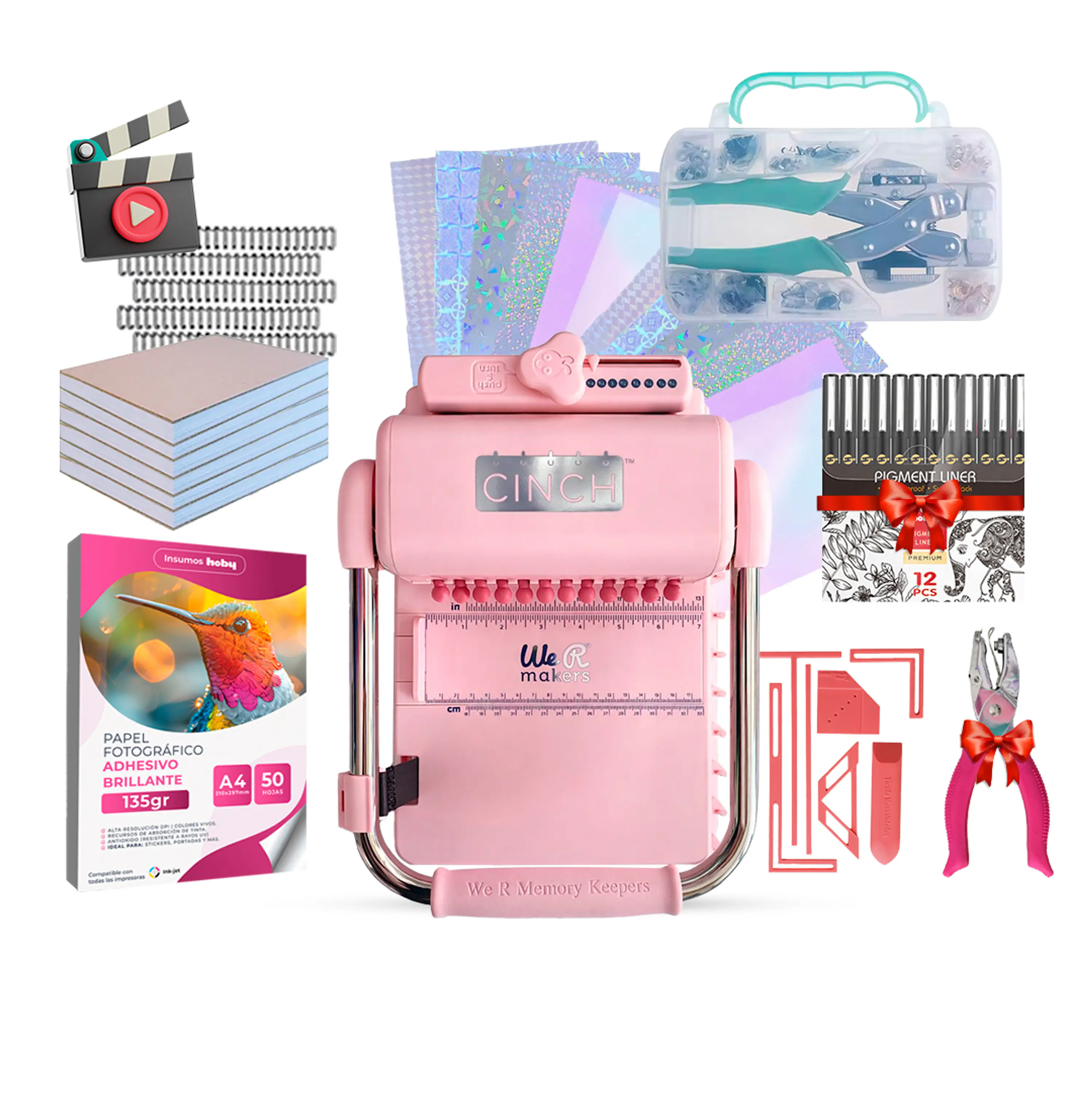 Kit Encuadernadora Cinch Rosa + Ojetilladora E Insumos Cp44 1