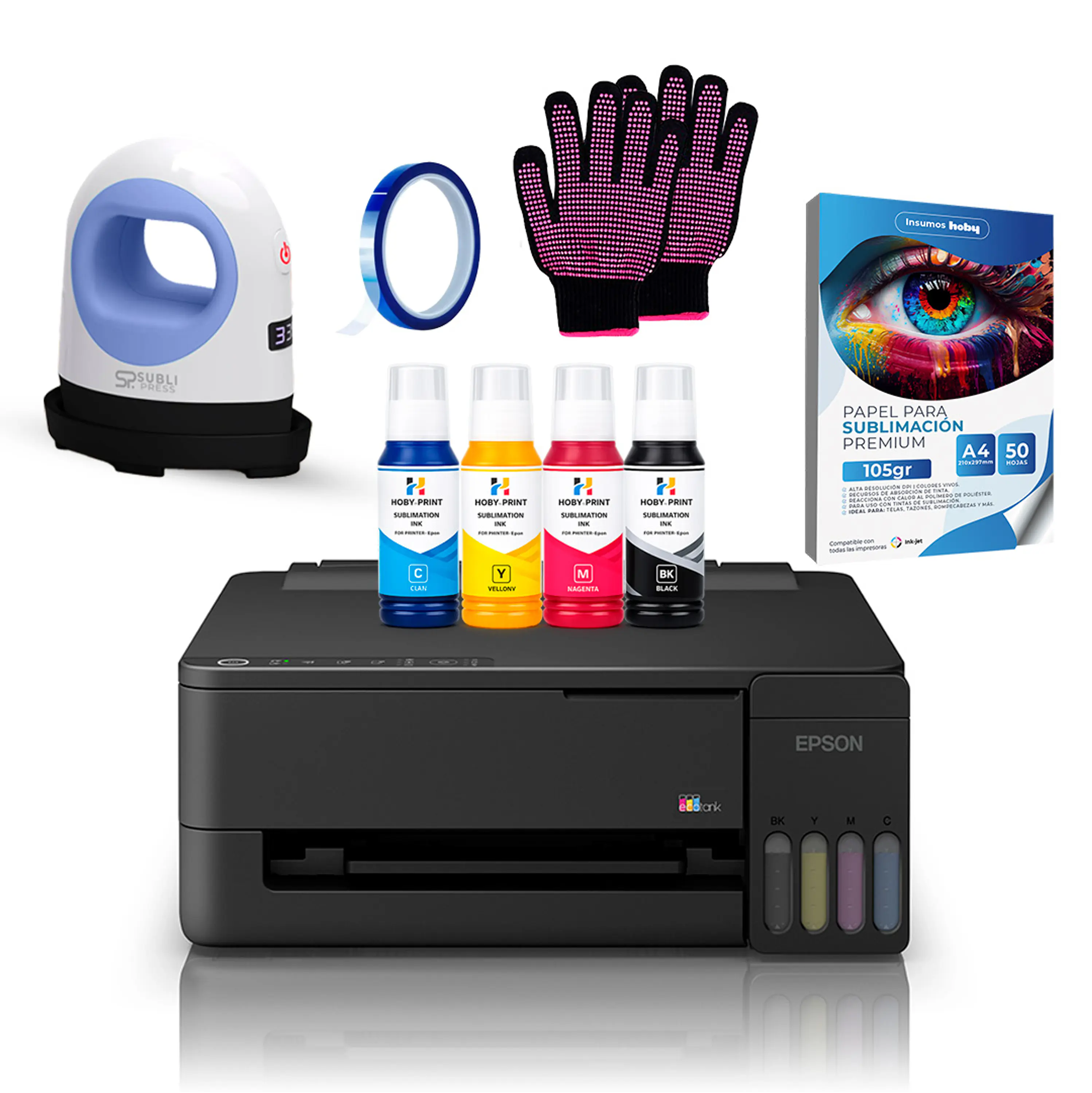 Impresora Epson E/tank L3310 + Tintas Sublimación Hoby Print + Mini Estampadora Sublipress 1