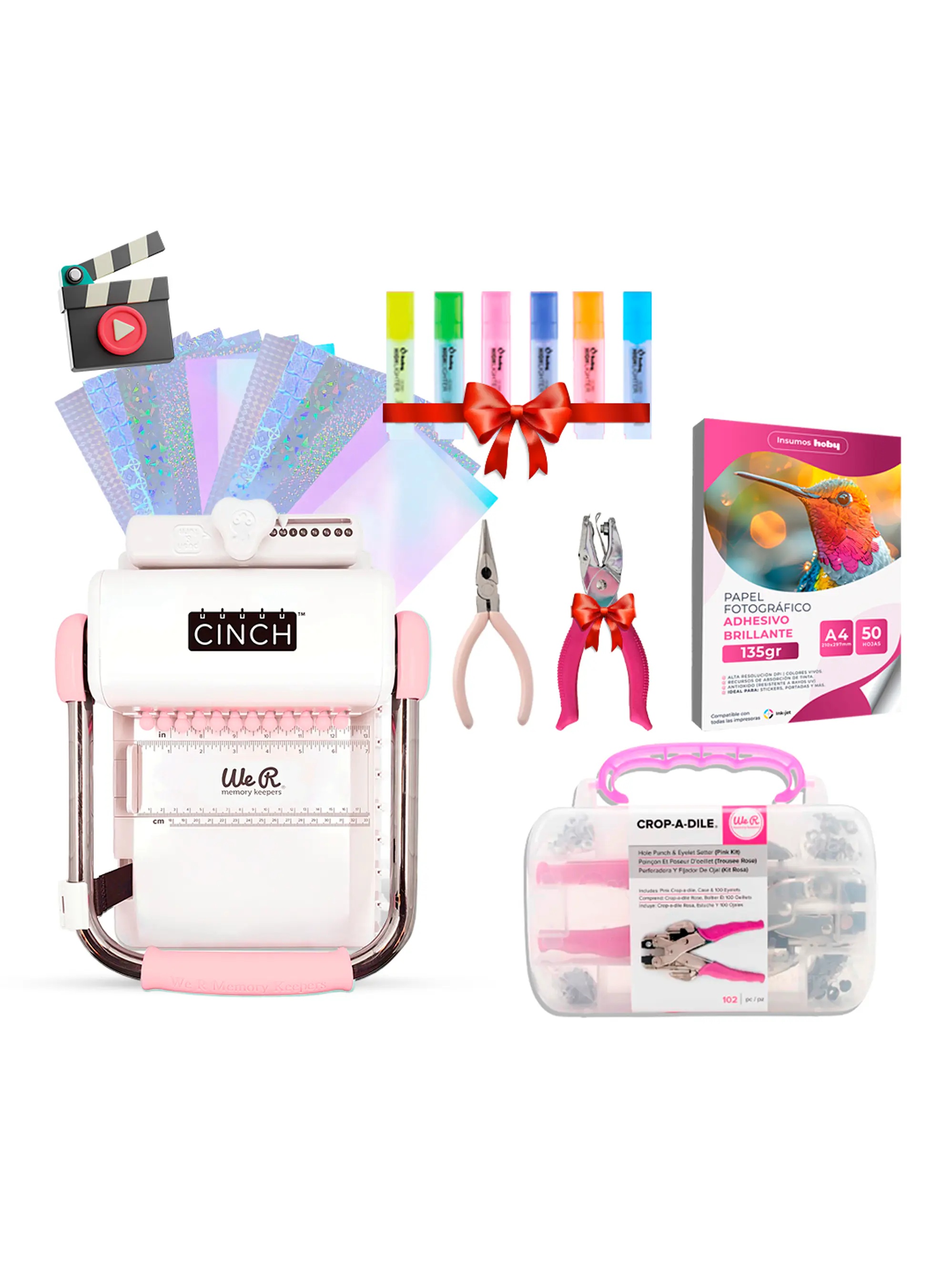 Kit Encuadernadora Cinch rosa + insumos y regalos - Perforación cuadrada 1