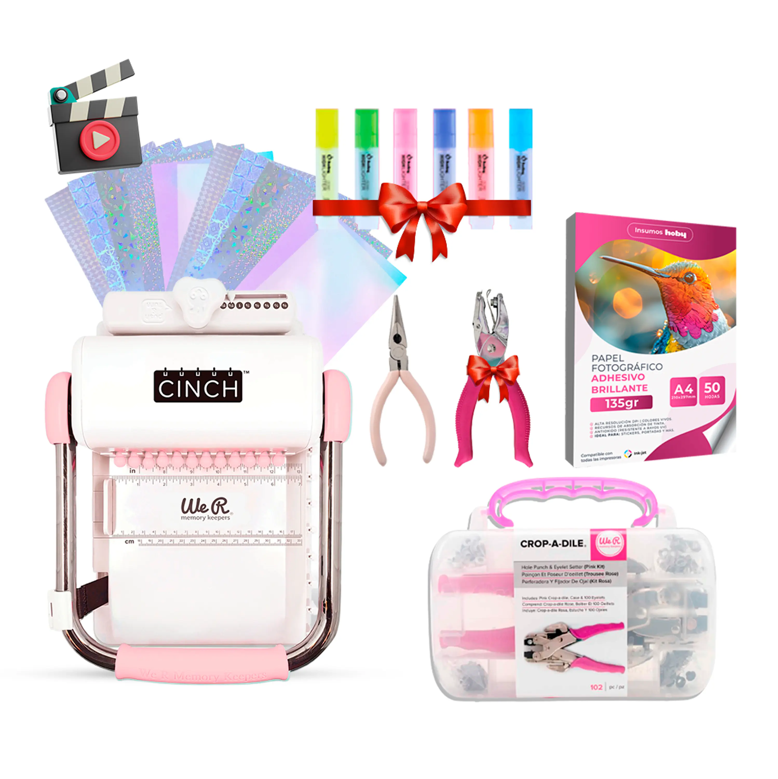 Kit Encuadernadora Cinch rosa + insumos y regalos - Perforación cuadrada 1
