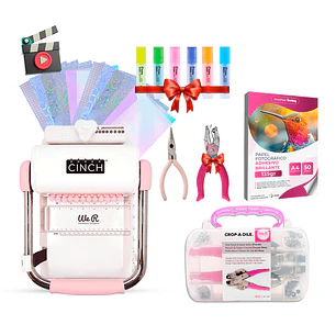 Kit Encuadernadora Cinch rosa + insumos y regalos - Perforación cuadrada