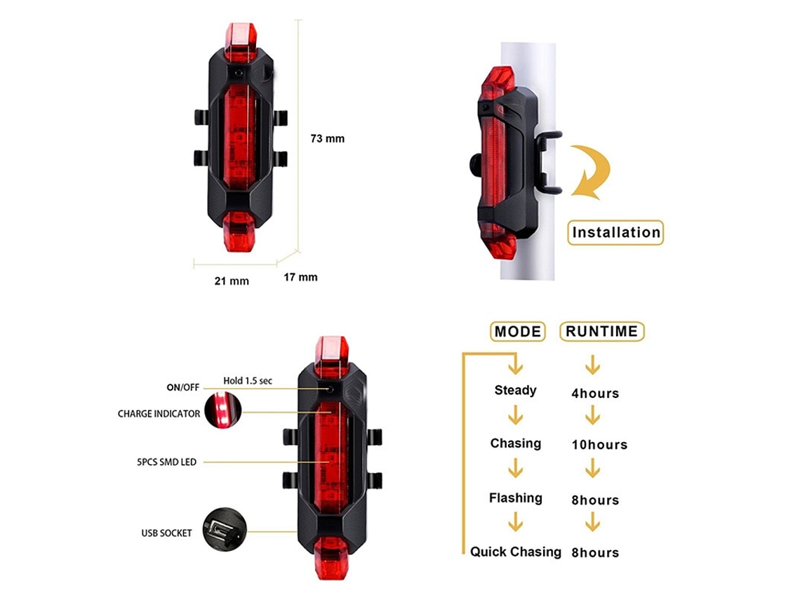 Luz de bicicleta recargable: delantera y STOP 3
