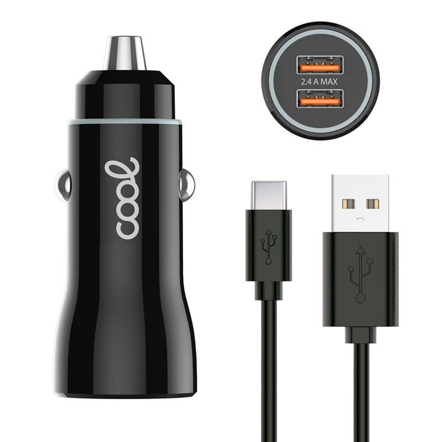 Carregador Isqueiro 2x USB 2.4A c/ Cabo USB-C (Preto) 1