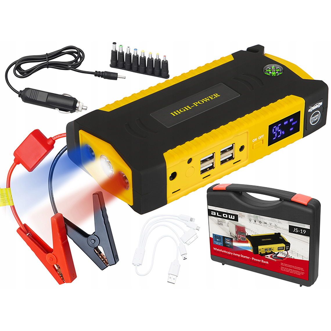 Arrancador de Baterias Auto (16 Amp.) c/ 4 USB, LEDs Emergência, Ficha Isqueiro - (JS-19) - BLOW 1