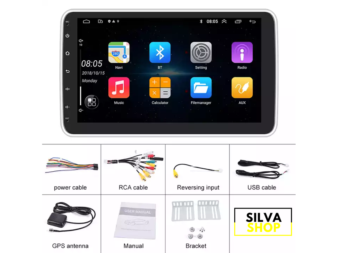 Autorrádio 1DIN Rotativo 180º 10 Polegadas Android - GPS WIFI 2GB 32GB 6