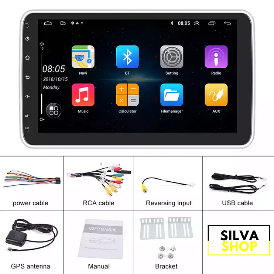 Autorrádio 1DIN Rotativo 180º 10 Polegadas Android - GPS WIFI 2GB 32GB 6