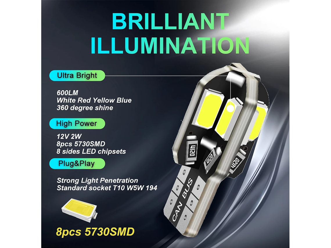 Lâmpada W5W T10 LED Canbus Cor Branca 3