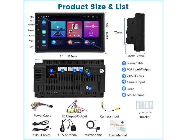 Autorrádio 2DIN Android 11 Universal 2GB 32GB - WIFI Bluetooth GPS 6