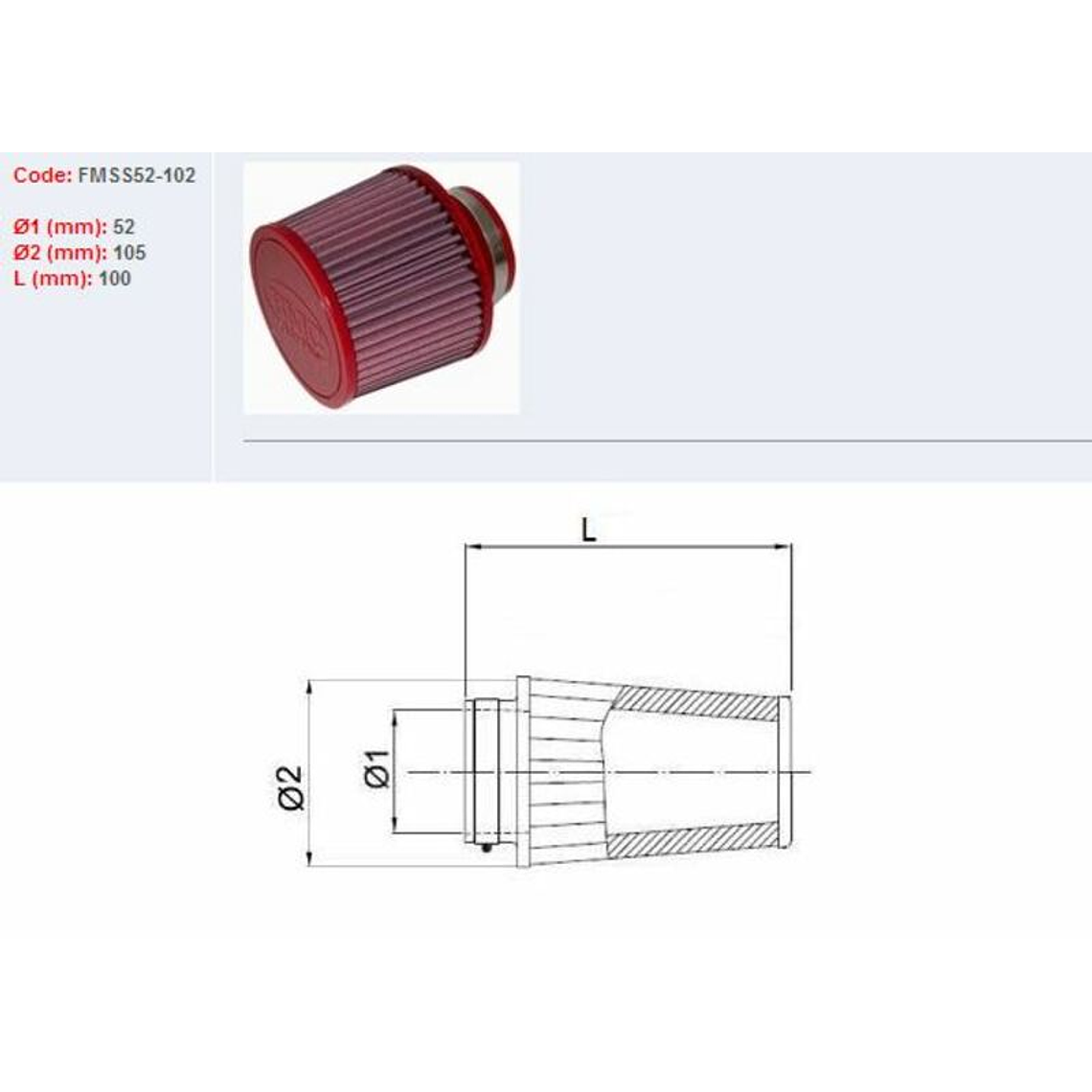 Filtro ar BMC TapeVermelho Ø52mm - SS52-102 1