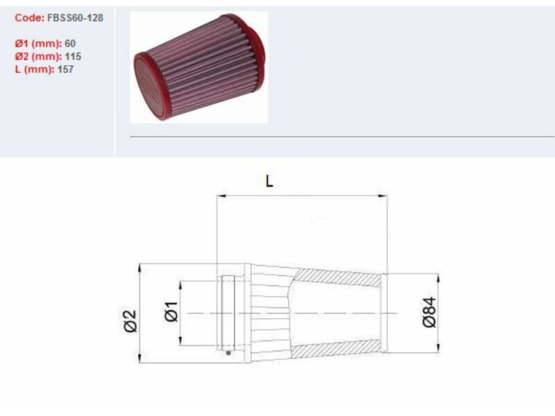 Filtro ar BMC universal cónico Ø60mm x 128mm 1