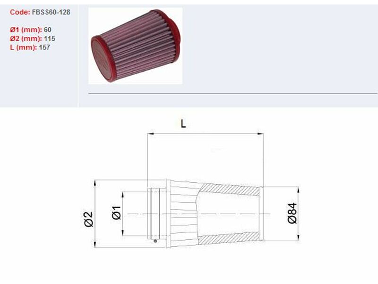 Filtro ar BMC universal cónico Ø60mm x 128mm 1