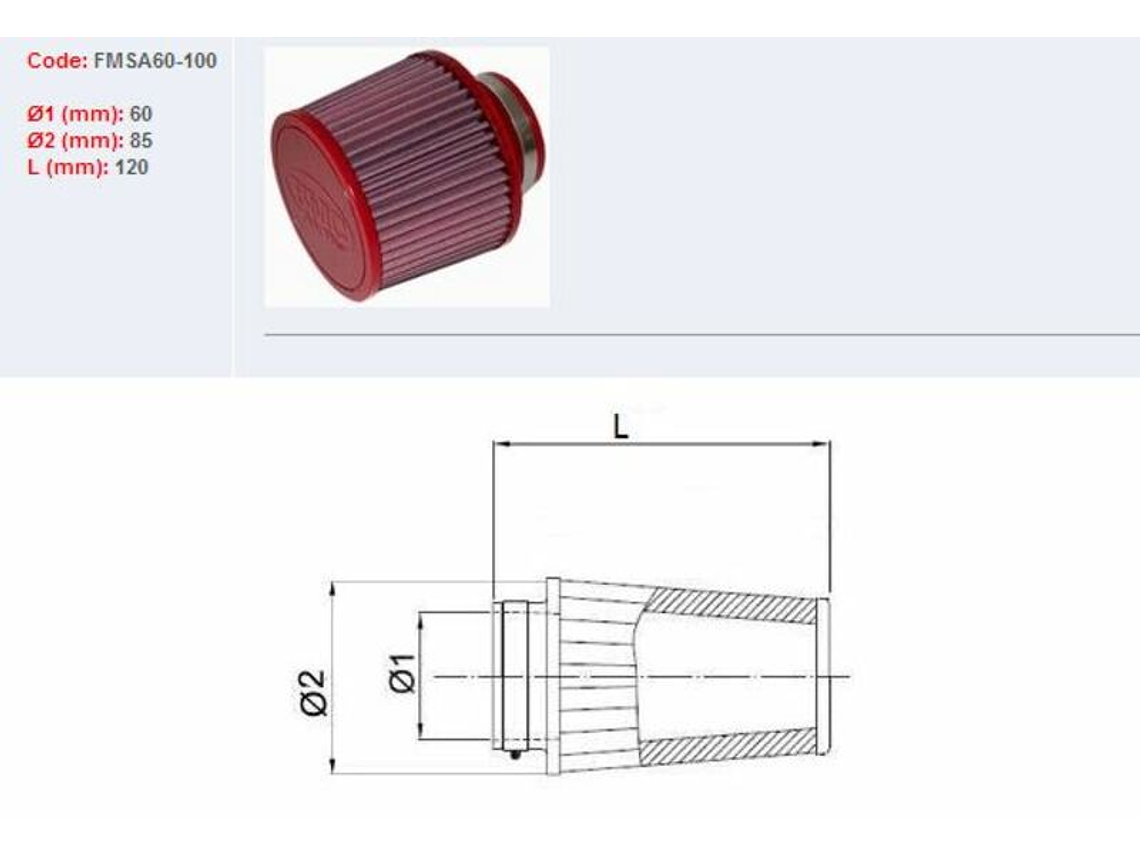 Filtro ar BMC universal cónico Ø60mm x 100mm 1
