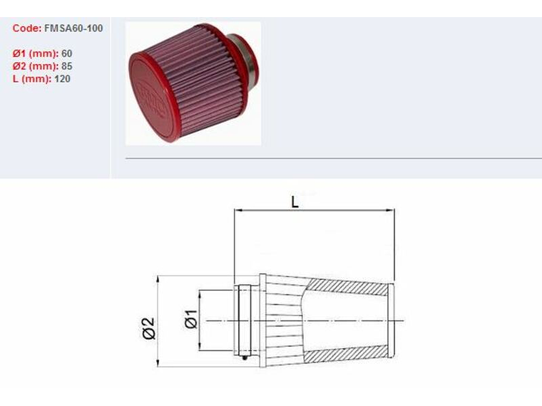 Filtro ar BMC universal cónico Ø60mm x 100mm 1