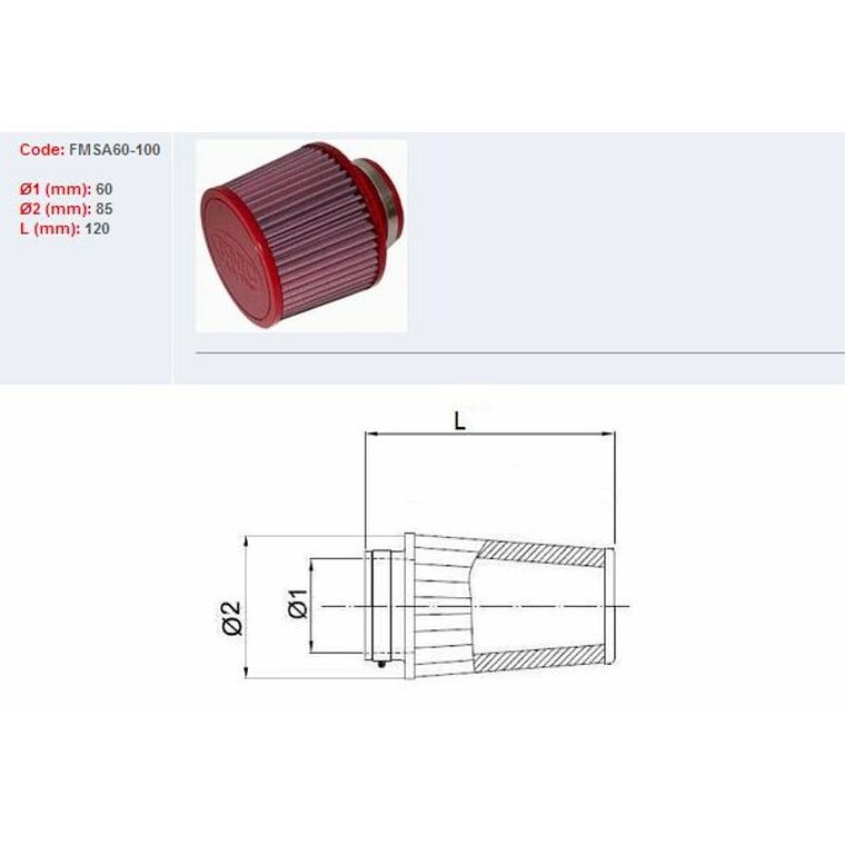 Filtro ar BMC universal cónico Ø60mm x 100mm 1