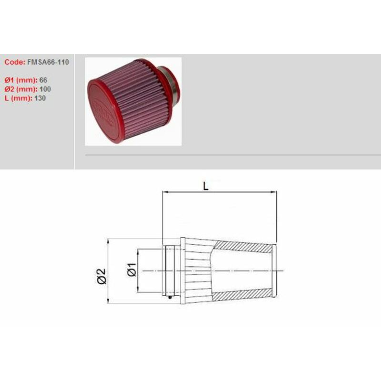 Filtro ar BMC universal cónico Ø66mm x 110mm
