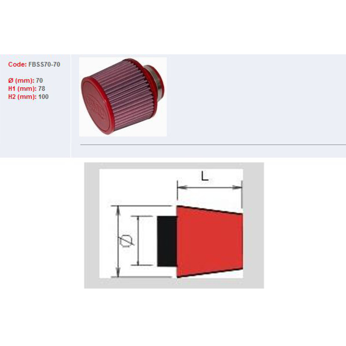 Filtro ar BMC universal cónico Ø70mm x 70mm 1