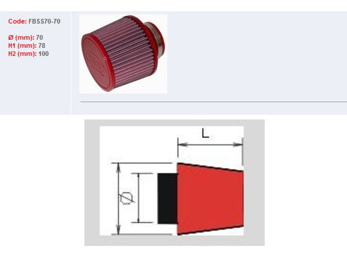 Filtro ar BMC universal cónico Ø70mm x 70mm 1