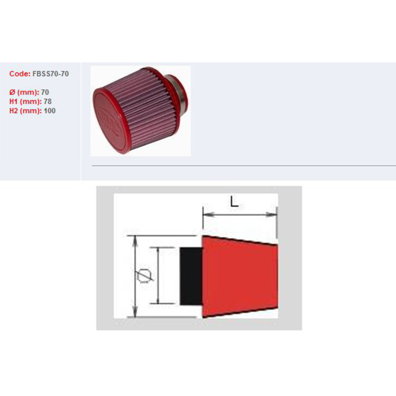 Filtro ar BMC universal cónico Ø70mm x 70mm