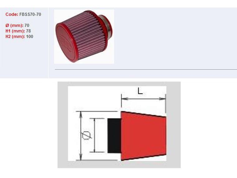 Filtro ar BMC universal cónico Ø70mm x 70mm 1