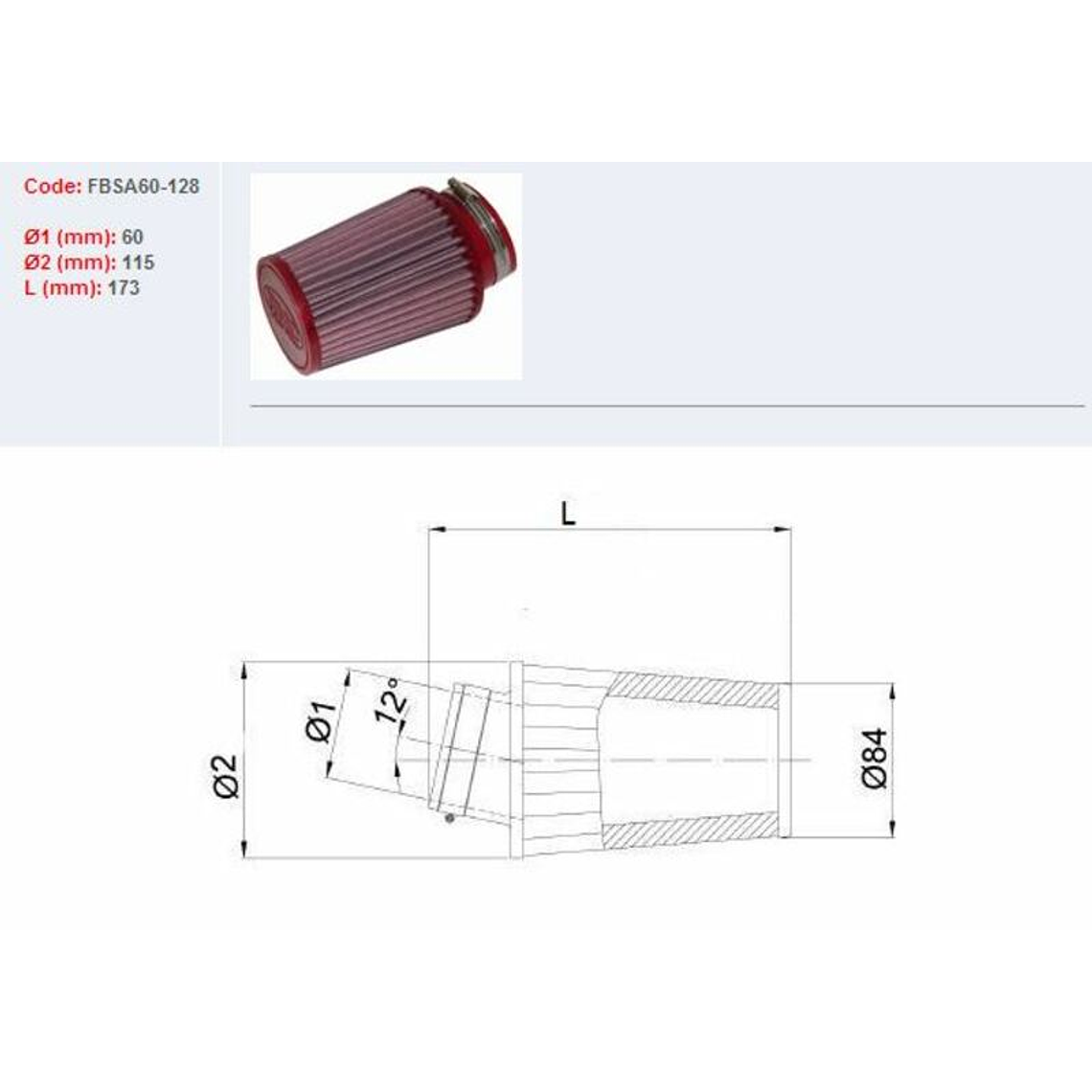 Filtro ar BMC universal cónico Ø60mm - FBSA60-128 1