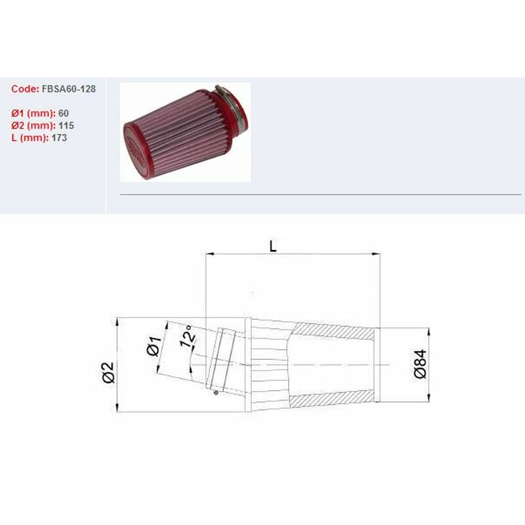 Filtro ar BMC universal cónico Ø60mm - FBSA60-128 1