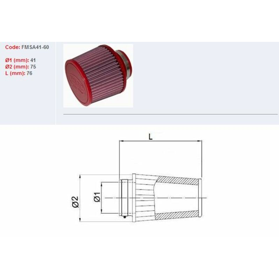 Filtro ar BMC universal cónico Ø41mm x 60mm 1