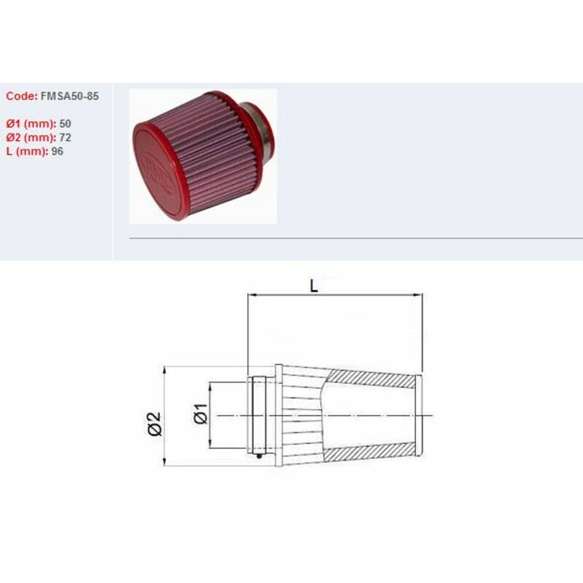 Filtro ar BMC universal cónico Ø50mm x 85mm 1