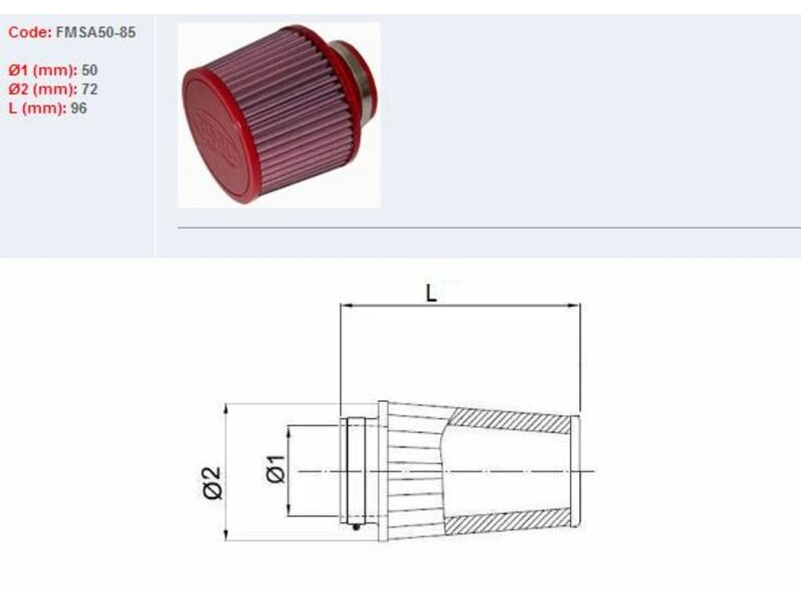 Filtro ar BMC universal cónico Ø50mm x 85mm 1
