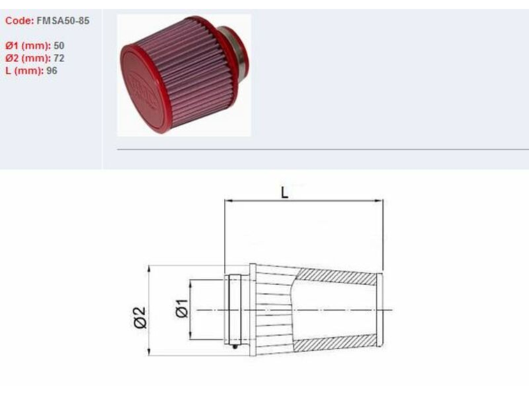 Filtro ar BMC universal cónico Ø50mm x 85mm 1
