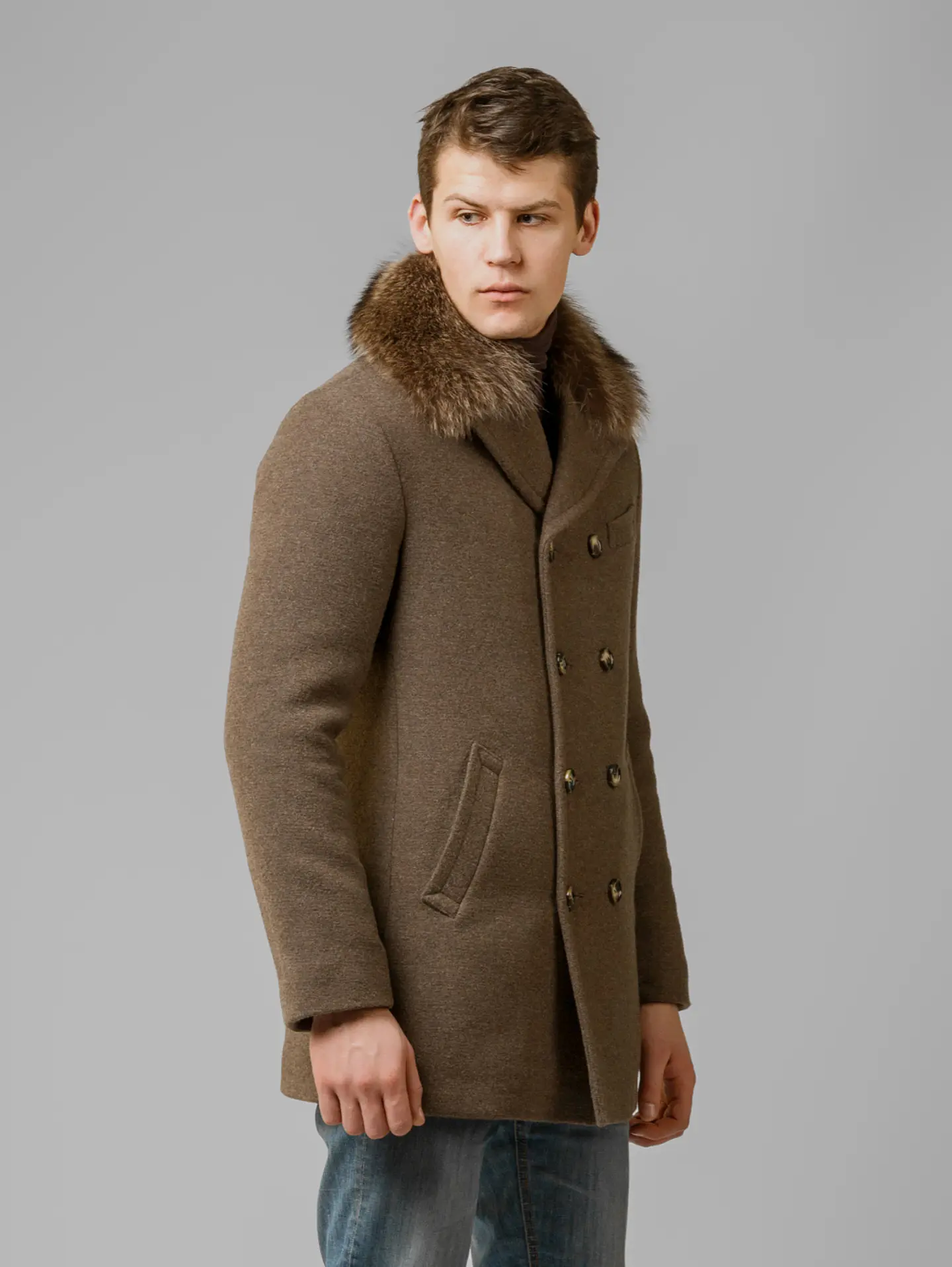 Walnut Fox-Fur Collar Pea Coat 1