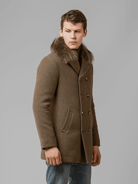 Walnut Fox-Fur Collar Pea Coat